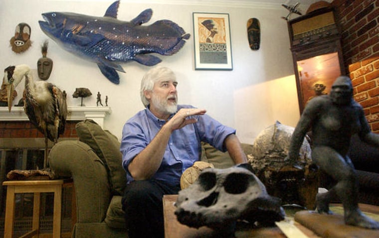Amber Waterman/Sun Journal
Loren Coleman talks about the International Cryptozoology Museum located in his Portland home. To the far right is a bronze cast of the Patterson film Bigfoot, and on the wall is the coelacanth, a fish that was presumed extinct until it was caught off the coast of South Africa last century.